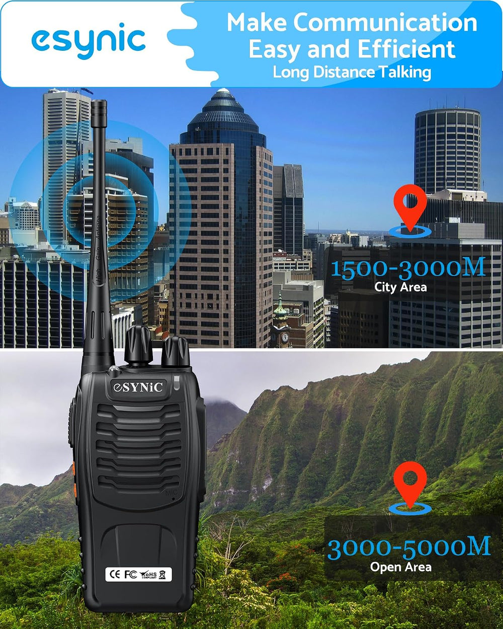 eSynic 3-Pack Rugged Walkie Talkies-Up to 3 Miles Long Range Talking