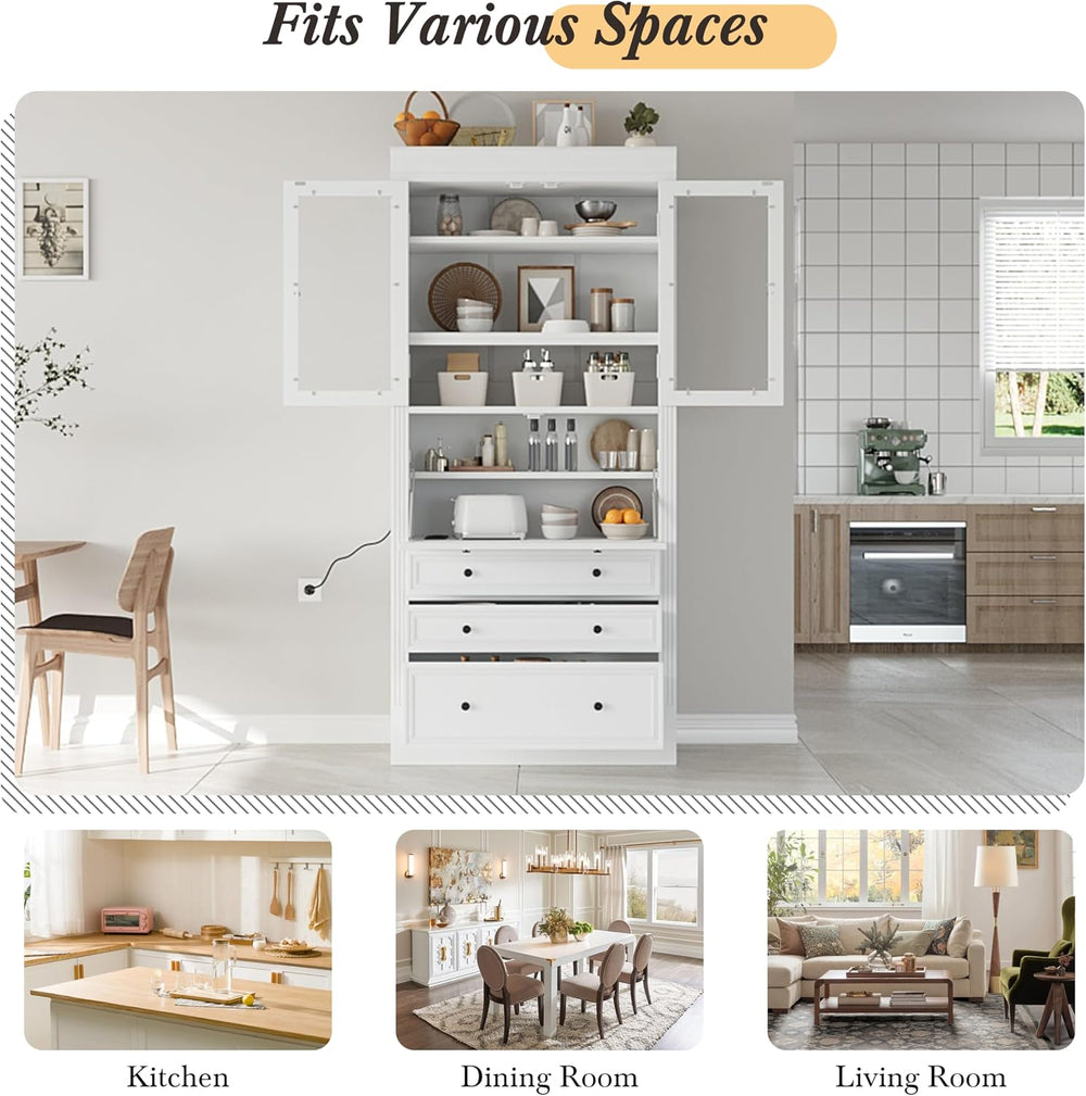 Merax Kitchen Pantry Cabinet, 78” White Wooden Pantries Storage Cabinet with ...