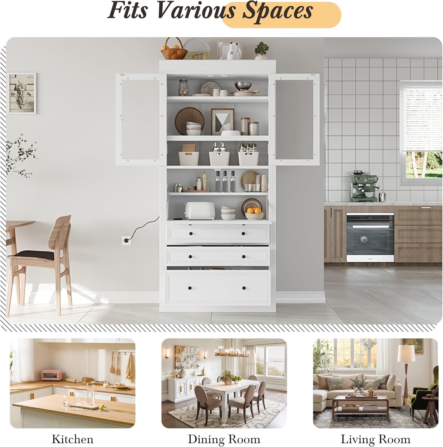 Merax Kitchen Pantry Cabinet, 78” White Wooden Pantries Storage Cabinet with Glass Doors and 2 Adjustable Shelves, Power Outlet Cupboard with Drop-Down Surface and 3 Drawers for Living Dining Room