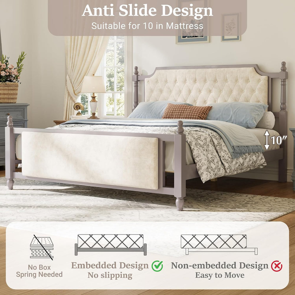 Peanu King Size Upholstered Platform Bed, Tufted Velvet Headboard, Solid Wood...