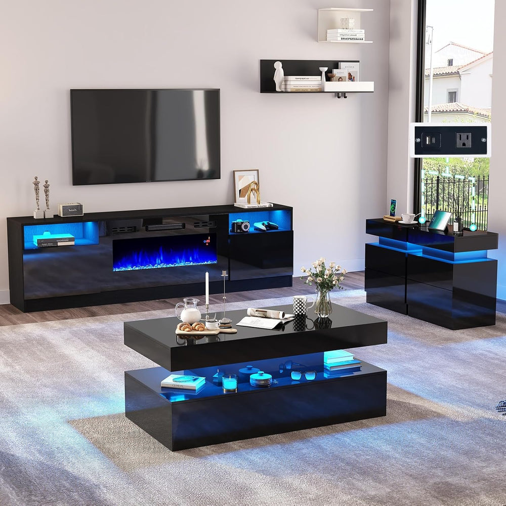AMERLIFE 4-Piece Modern Living Room Table Set, 70" Fireplace TV Stand | ...