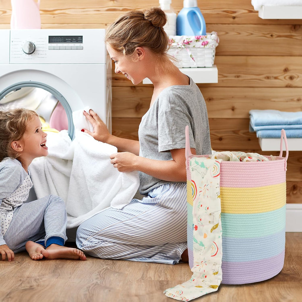 XUANGUO Rope Laundry Basket Hamper for Kids Girl, rainbow | Woven Storage Basket for Living Room Bedroom Boho Tall Baskets for Blanket Toys Pillow Towels Baby Nursery Hamper Bin