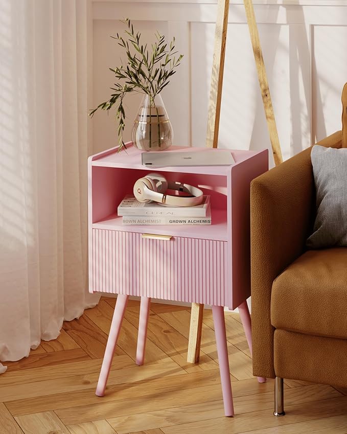 Nightstand,Modern Bedside Table with Storage Drawer and Open Wood Shelf, for ...