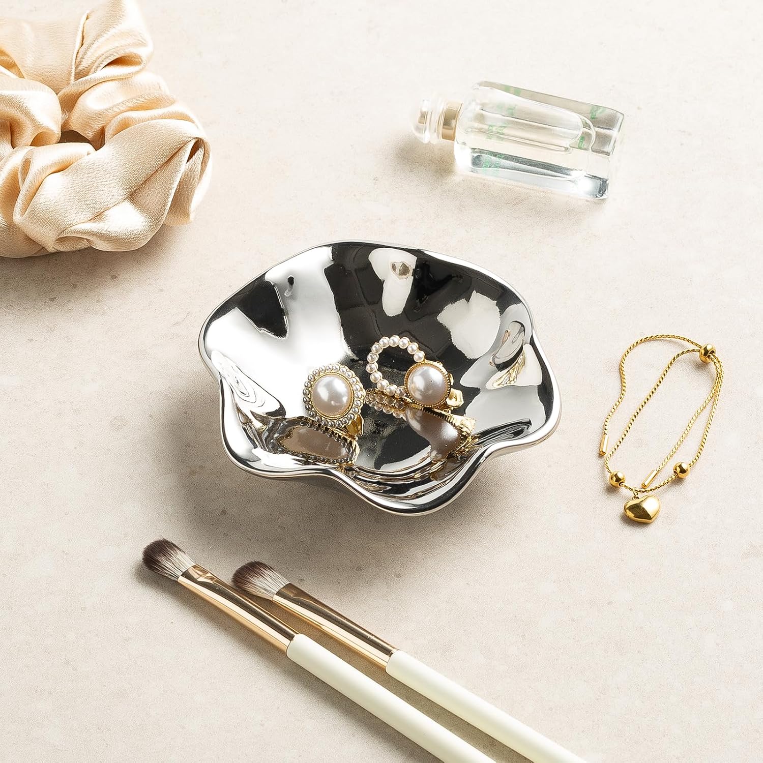 Ceramic Lotus Leaf Trinket Dish, Ring Holder for Jewelry | Keeps earrings, necklaces, keys, and keepsakes handy on vanities or nightstands, a sweet gift for moms, sisters, and friends