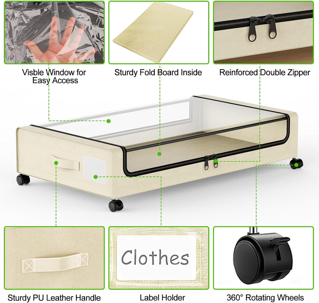 Under Bed Storage with Wheels, 2-Pack Underbed Storage Containers with Clear Lids, Under Bed Shoe Storage Organizer, Rolling Under Bed Storage for Clothes Shoes Blankets (Beige)