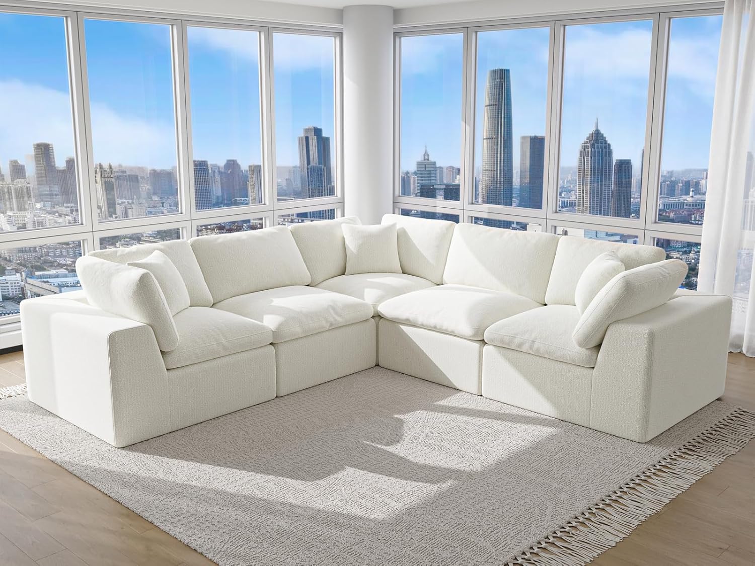 Oversized V Shaped Sectional Couches for Living Room丨5 Seater White Sectional Couch Chenille Fabric