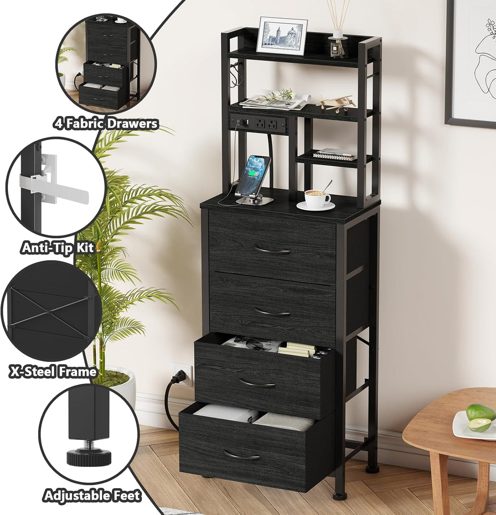Furnulem Tall Nightstand, LED Night Stand with Charging Station | USB Ports, ...