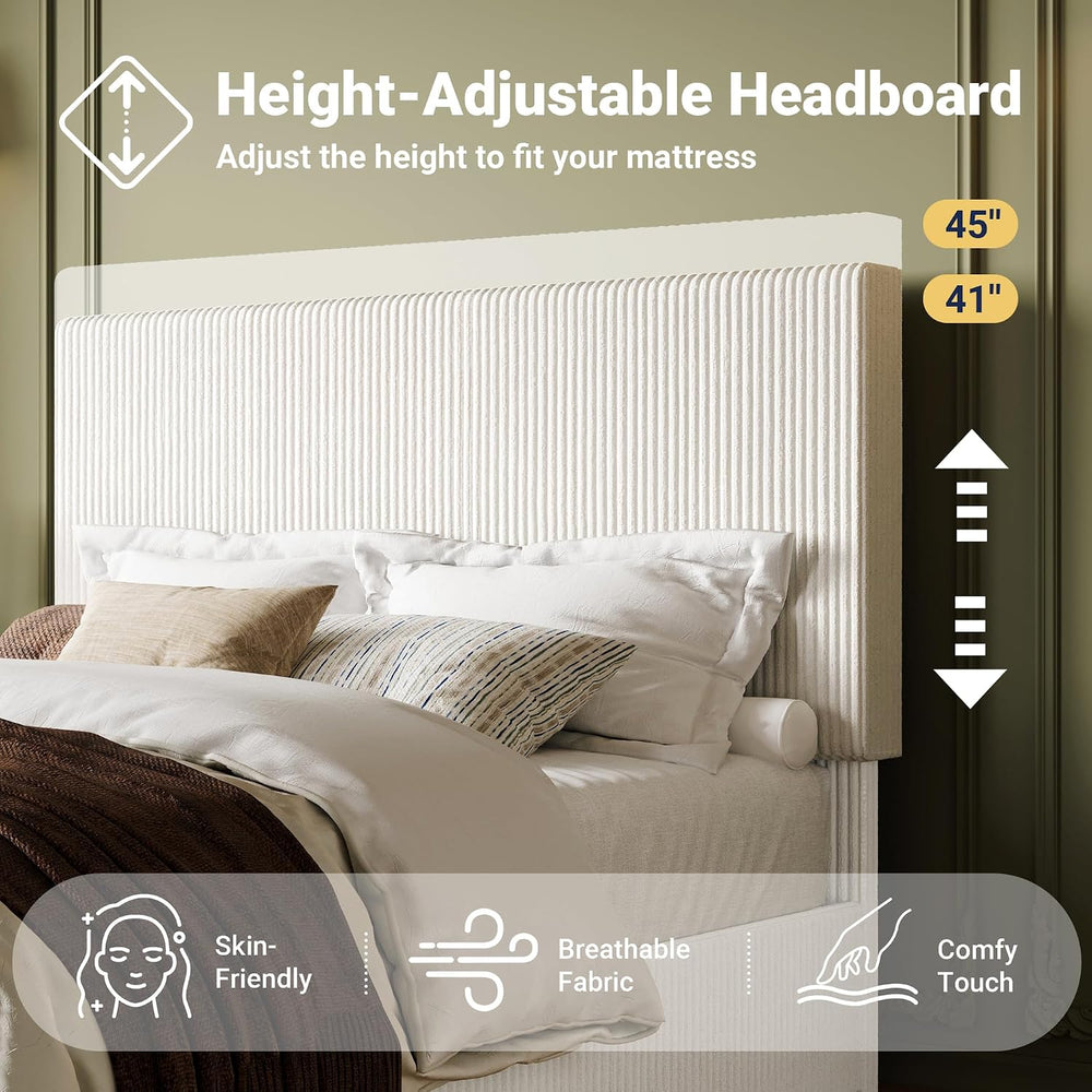 Allewie Queen Bed Frame, Adjustable Corduroy Headboard, Platform, White