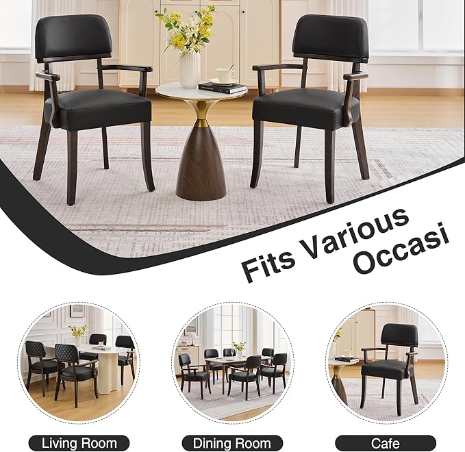 PU Leather Dining Chairs with Arms Set of 4, Upholstered Dining Room Chairs with Hardwood Legs & Open Curved Backrest,Modern Accent Kitchen Chairs 350 LBS Capacity, Black