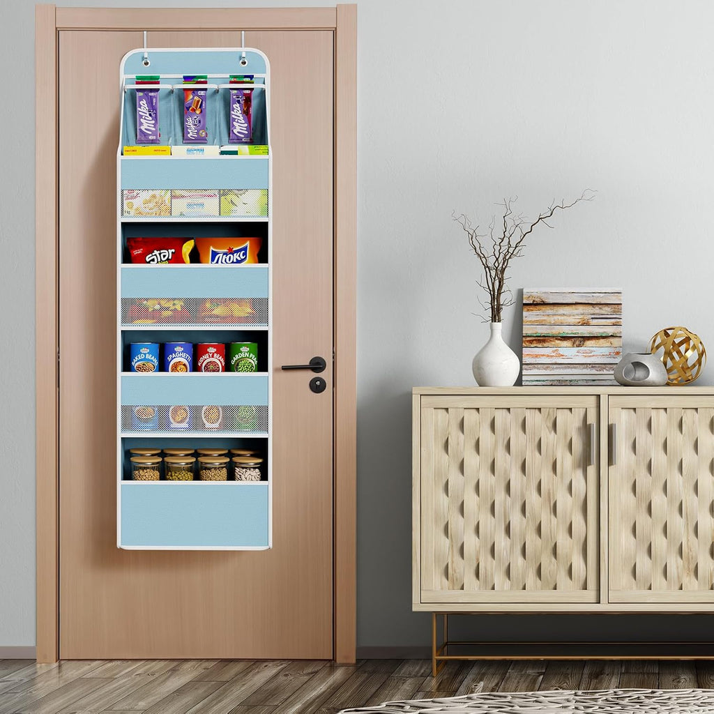 Univivi 5-Shelf Fabric Door Storage Over Door Hanging Organizer with 4 Large Pockets and 3 Small PVC Pockets Nursery Closet Cabinet Wall Mount Hanging Storage Organizers for Baby Nursery (Blue)