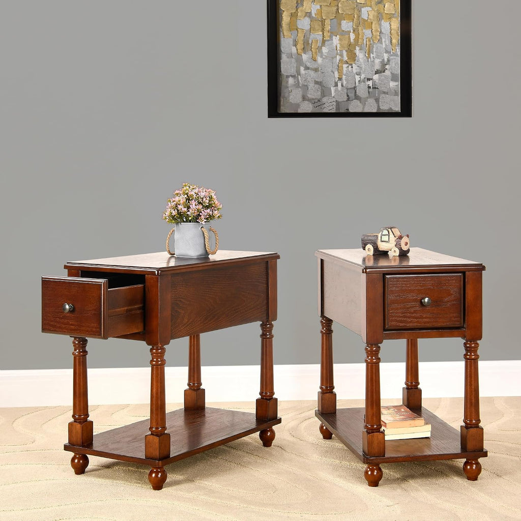 Set of 2 Narrow End Table with Drawer, 2-Tier Tables-Cherry Walnut | Skinny End Table with Storage Shelf, Small Nightstand, Tiny Sofa Side Table for Living Room, Wooden Nightstand for Bedroom