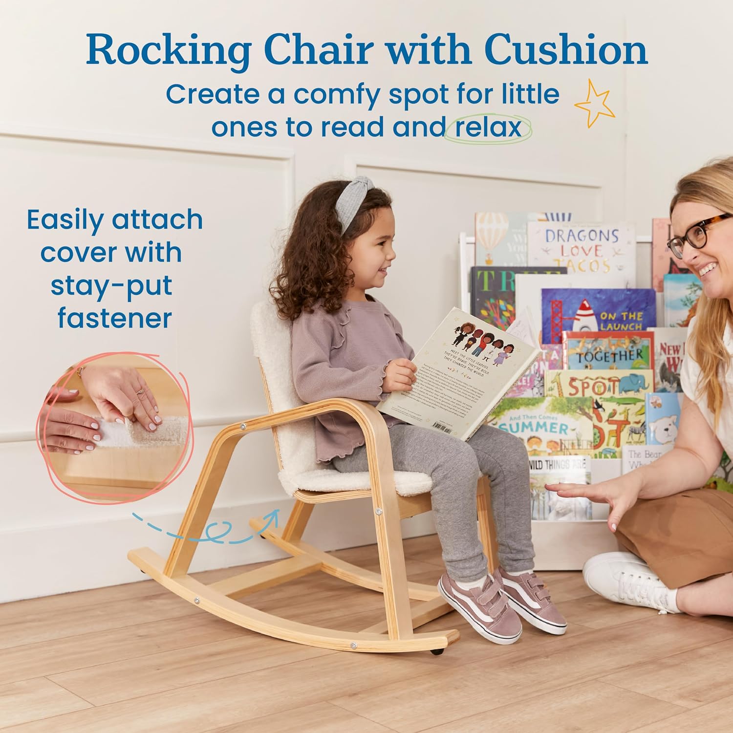 ECR4Kids Bentwood Rocking Chair with Armrests and Cushion, Natural | Durable birch, GREENGUARD Gold Certified, 2-5 years, 74 lb capacity, Montessori seating, plush sherpa cushion, classroom/home