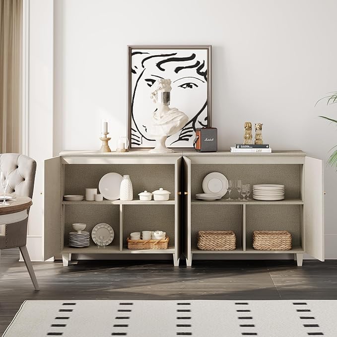 WAMPAT TV Stand Cabinets for TVs up to 75 Inches, 2-in-1 Wood Entertainment Center with Doors and 6 Compartments, 70.8" Modern Media Console Table with Storage for Living Room Bedroom, Beige Linen