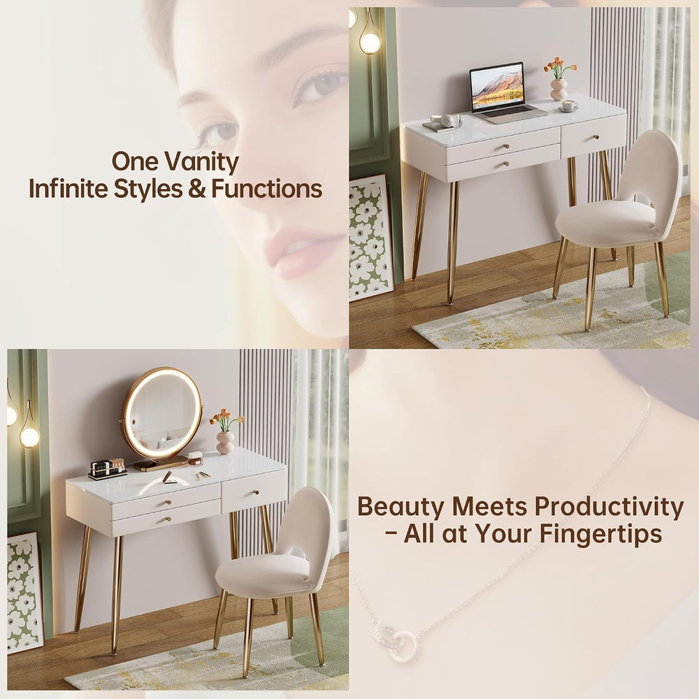 KDCAS 39" White and Gold Vanity with Lights and Chair