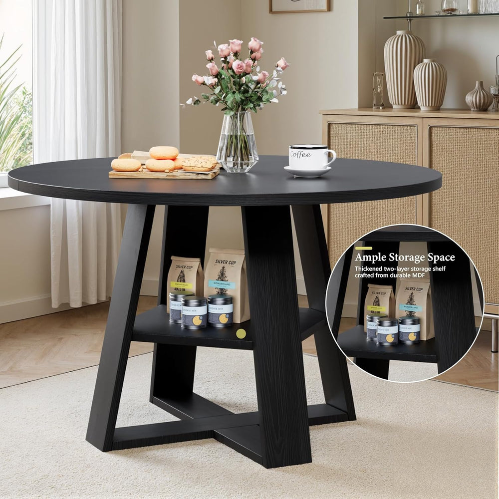 43 inch Round Dining Table for 4-6, Dining Table with Storage Shelf, Wood Gra...