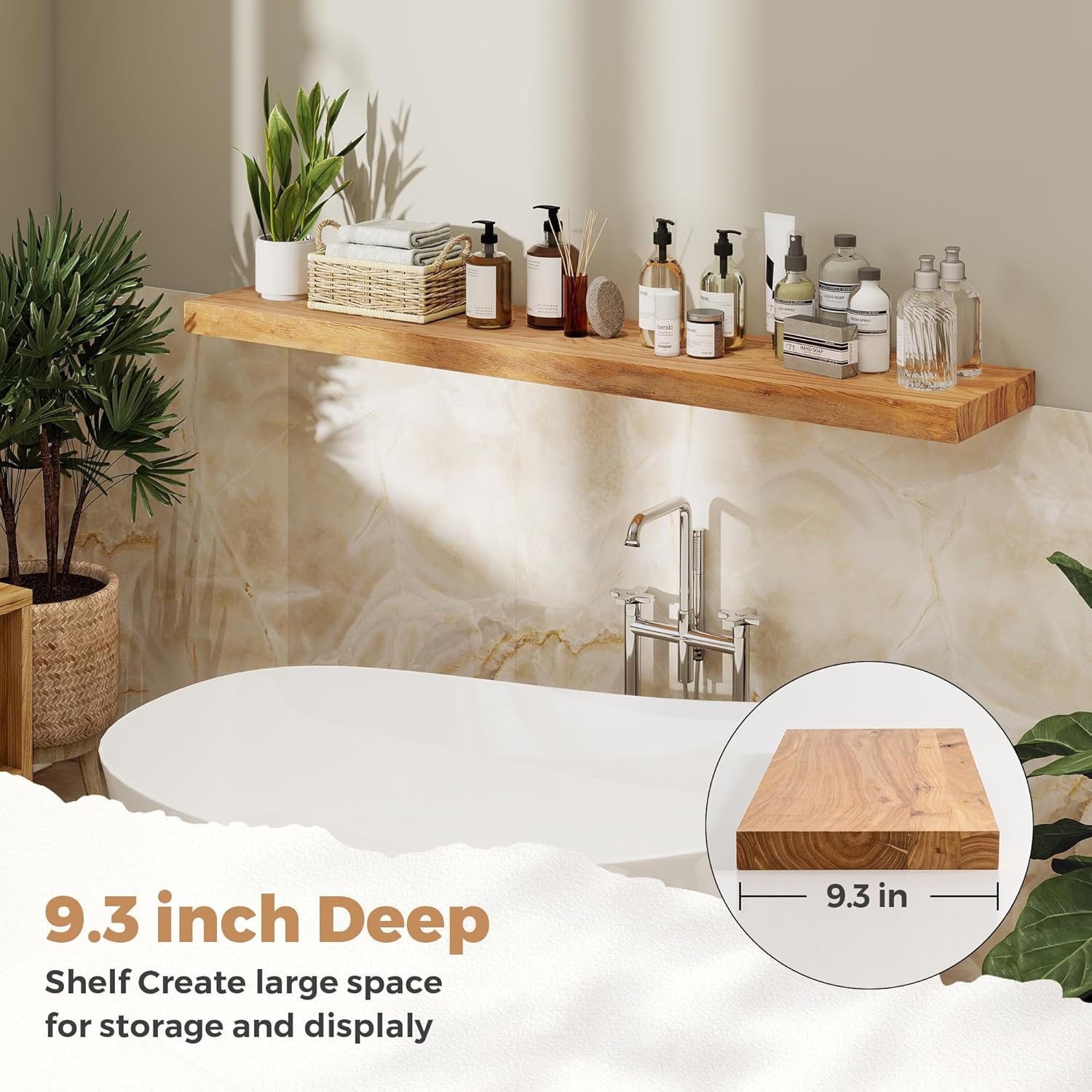 RICHFOCUS Elm Floating Shelves for Wall - 48" W x 9.3" D Rustic Solid Wood Shelves with Invisible Bracket, Wall-Mounted for Living Room, Bedroom, Kitchen Storage & Display, Set of 1, Natural