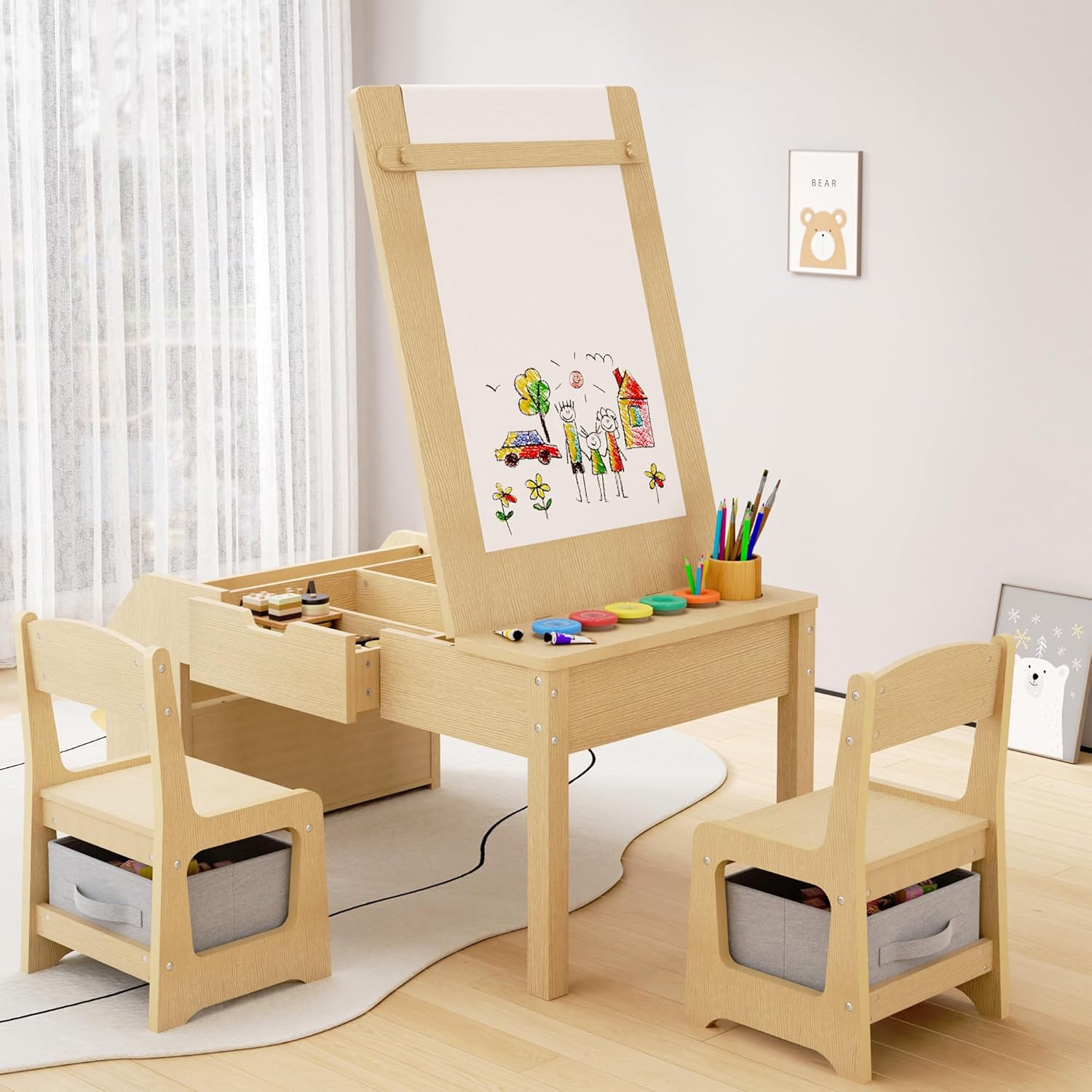 5-in-1 Kids Art Table and Chairs, Toddler Table and Chair Set, Craft Play Desk for Kids, Convertible Art Easel with Paper Roll Holder & Storage Drawers, Children Activity Learning Center - Nature Wood