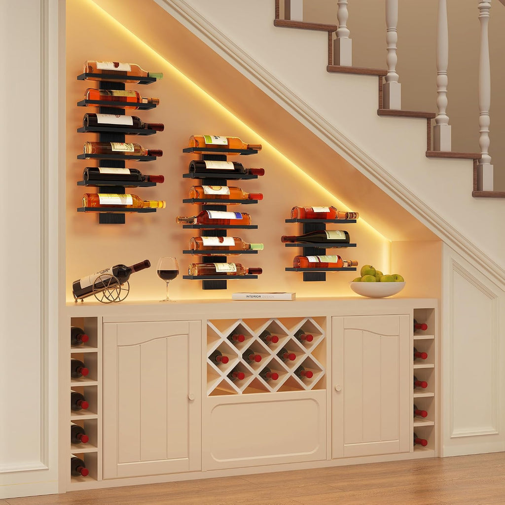 Hoctieon 6 Tier Wall Mount Wine Rack, Wall Mounted Wine Bottle Racks for Display and Storage, Hanging Bottle Holder for Living Room, Dining Room, Bar, Wine Cellar, Black