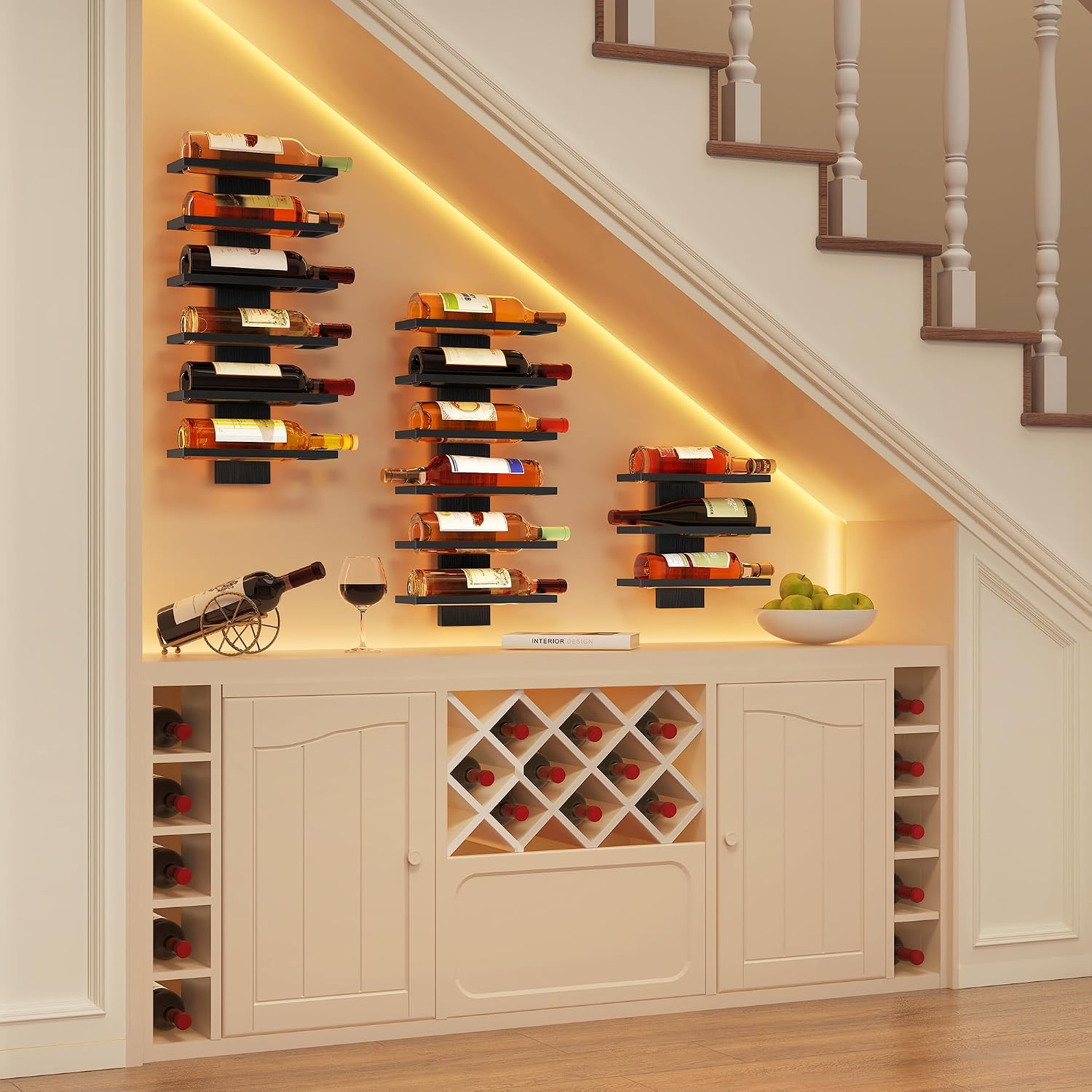 Hoctieon 6 Tier Wall Mount Wine Rack, Wall Mounted Wine Bottle Racks for Display and Storage, Hanging Bottle Holder for Living Room, Dining Room, Bar, Wine Cellar, Black