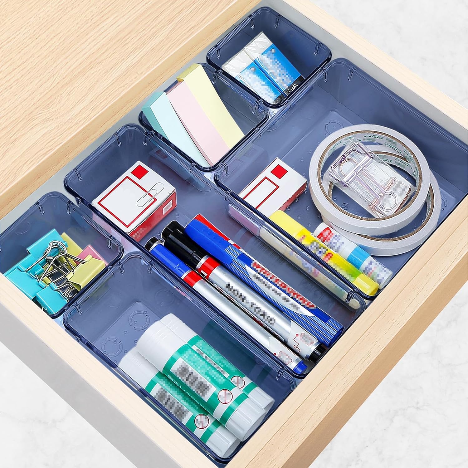 10 PCS Drawer Organizer Set, 5 Varied Size Bathroom and kitchen Drawer cabinet organizer Trays, Clear Storage Bins for Makeup, Jewelry, Utensils and Gadgets, Dark Blue