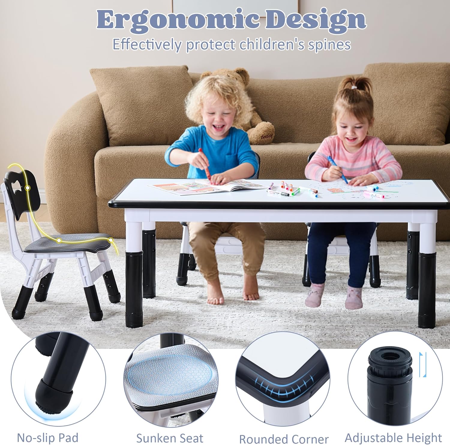 Kids Table and 4 Chairs Set, Height Adjustable Toddler Table and Chair Set, Toddler Desk with Graffiti Desktop & Non-Slip Legs, Children Activity Table for Daycare, Classroom (Black)