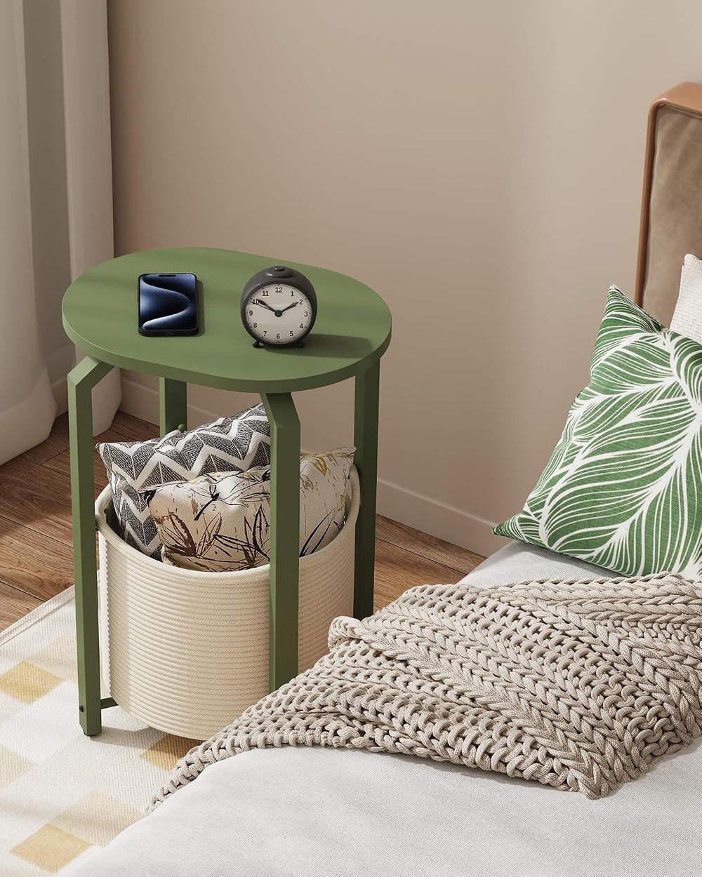 TUTOTAK Oval End Table with Woven Storage Basket, Olive Green Small Side Tabl...