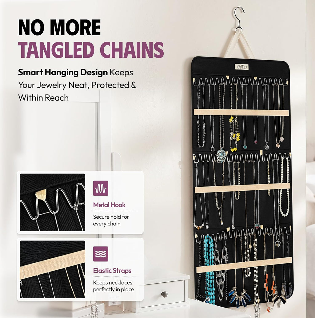 Hanging Jewelry Organizer 34.7 x 17.2 inches XL Size with Clear Pockets & Hooks – Double-Sided Necklace, Earrings & Rings Storage Holder – Space-Saving Closet Organizer for Women