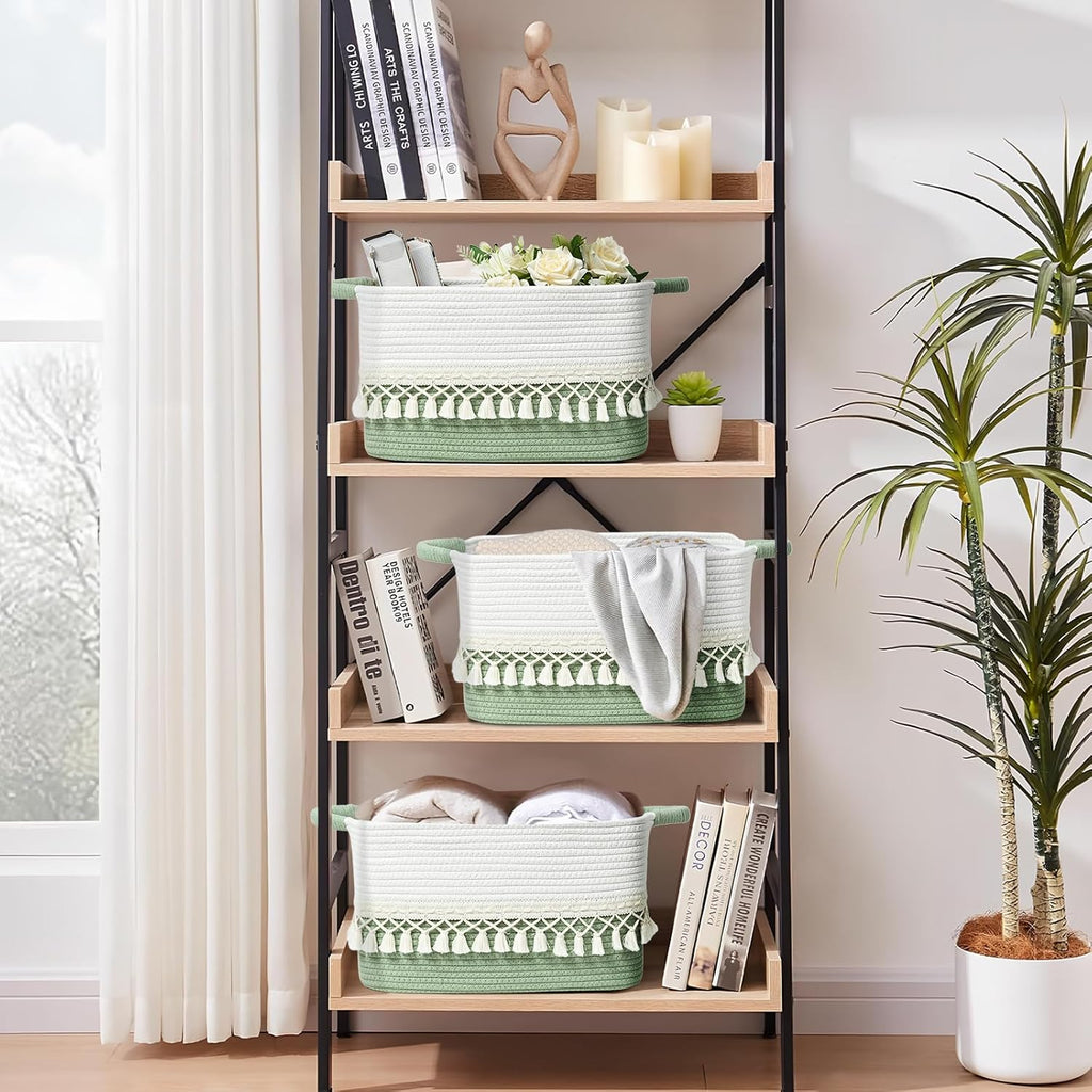 3 Pack Storage Basket for Shelves, Boho Cotton Rope Storage Bins with Heavy Tassel, Shelf Baskets Large Woven Baskets for Organizing, Cube Organizer Bins, Baby Laundry Basket for Clothes, Toys, Pets