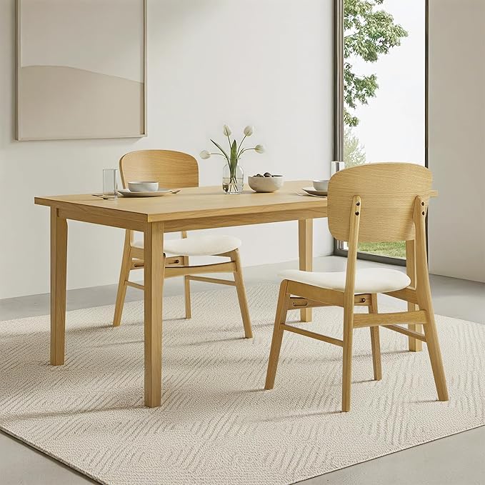 Wooden Dining Chairs Set of 4, Upholstered Modern Dining Room Chairs, Mid Century Oak Kitchen Chairs with Ergonomic Wood Backrest for Farmhouse, Restaurant, Café (Cream Fabric & Original Color)