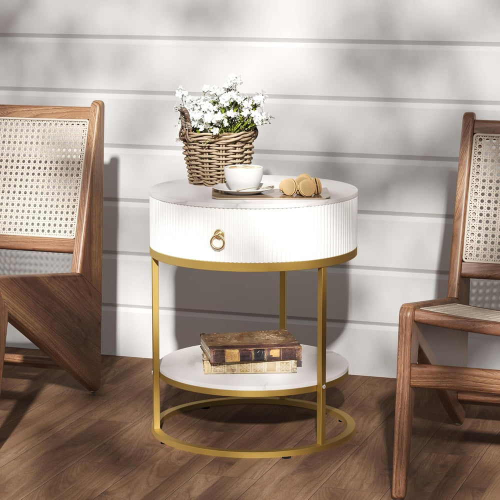 SUNBURY 19.7" Round Side Table with Drawer, Modern Faux Marble End Table...