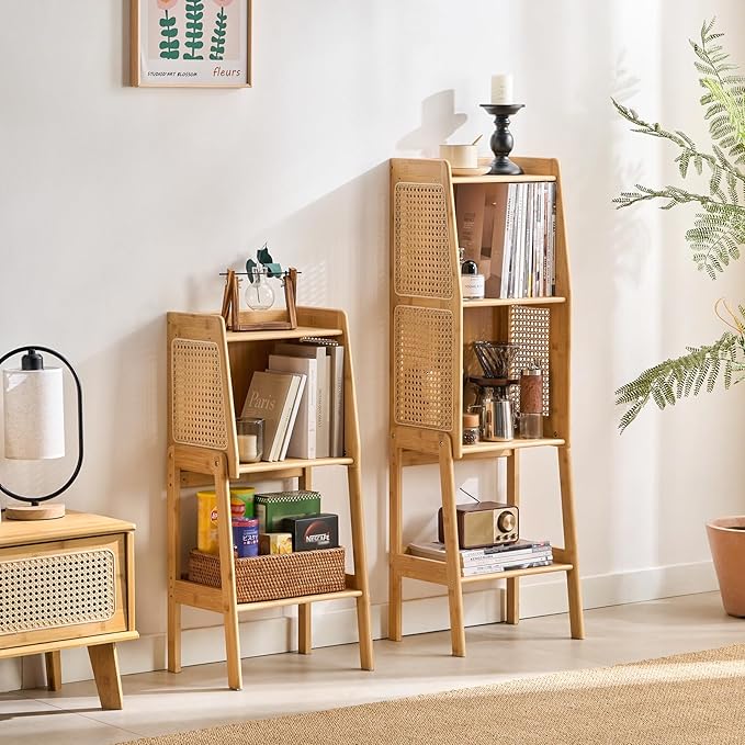 Welnow Bamboo Rattan Bookcase with Cabinet, 1-Tier Storage Shelf with Side Ta...