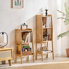 Welnow Bamboo Rattan Bookcase with Cabinet, 1-Tier Storage Shelf with Side Table & End Table Function, Large Modern Wood Organizer for Living Room or Bedroom, Natural Bookshelf