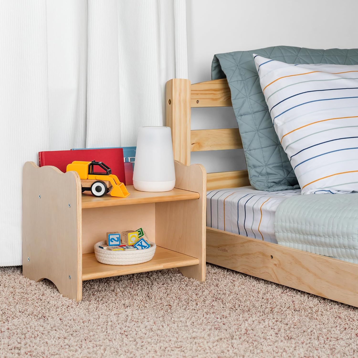 Ocodile Kids Nightstand for Floor Beds, Solid Wood Small Bedside Table with Book Pocket, Low Tiny Nightstand for Nursery, Toddler & Kids Room, Montessori Style Side Table - Varnished