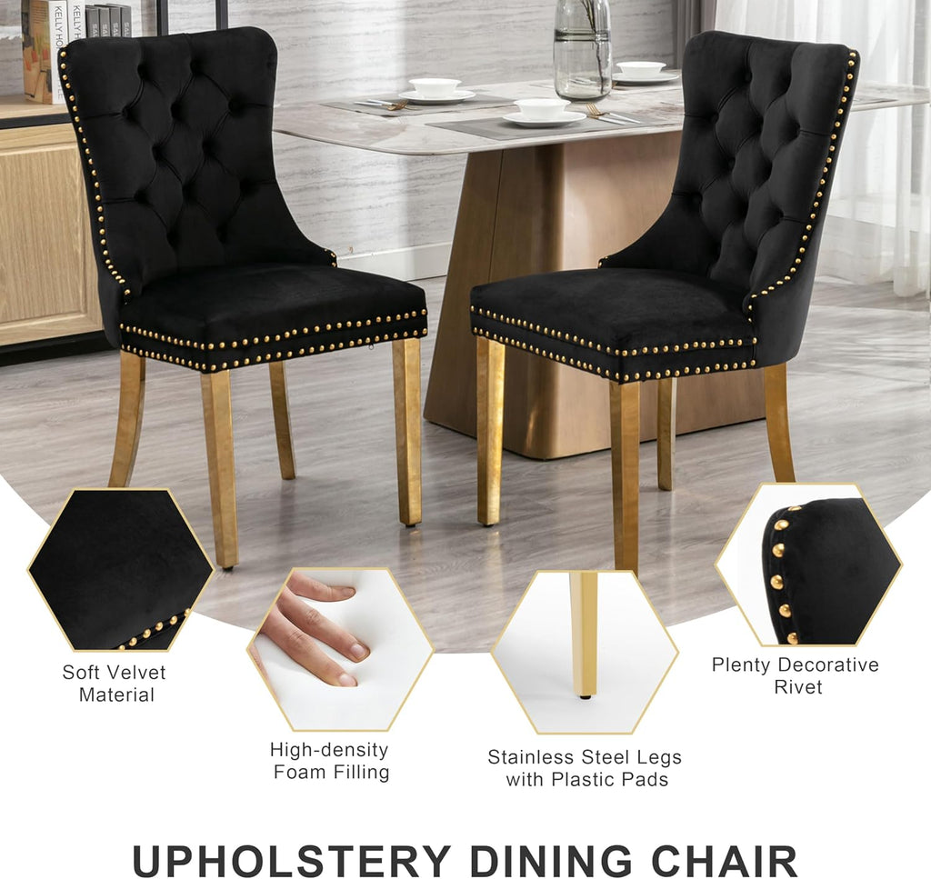 RGZ Modern 39" Clear Glass Round Dining Table Set, 5 PCS Luxury Circle Glass Top Kitchen Table with Gold Decorative Strips & 4 Black High-end Tufted Chairs for Apartment Home Dining(Black Base)