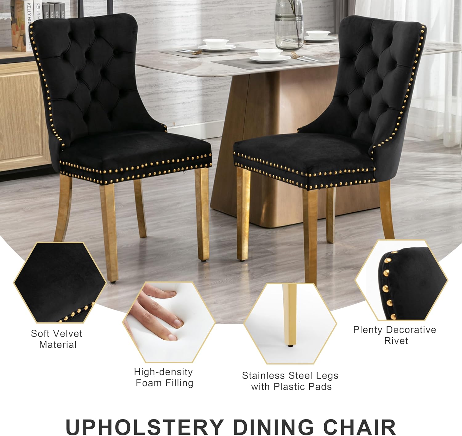 RGZ Modern 39" Clear Glass Round Dining Table Set, 5 PCS Luxury Circle Glass Top Kitchen Table with Gold Decorative Strips & 4 Black High-end Tufted Chairs for Apartment Home Dining(Black Base)