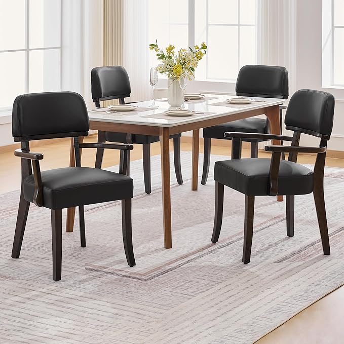 PU Leather Dining Chairs with Arms Set of 2, Upholstered Dining Room Chairs with Hardwood Legs & Open Curved Backrest,Modern Accent Kitchen Chairs 350 LBS Capacity, Black