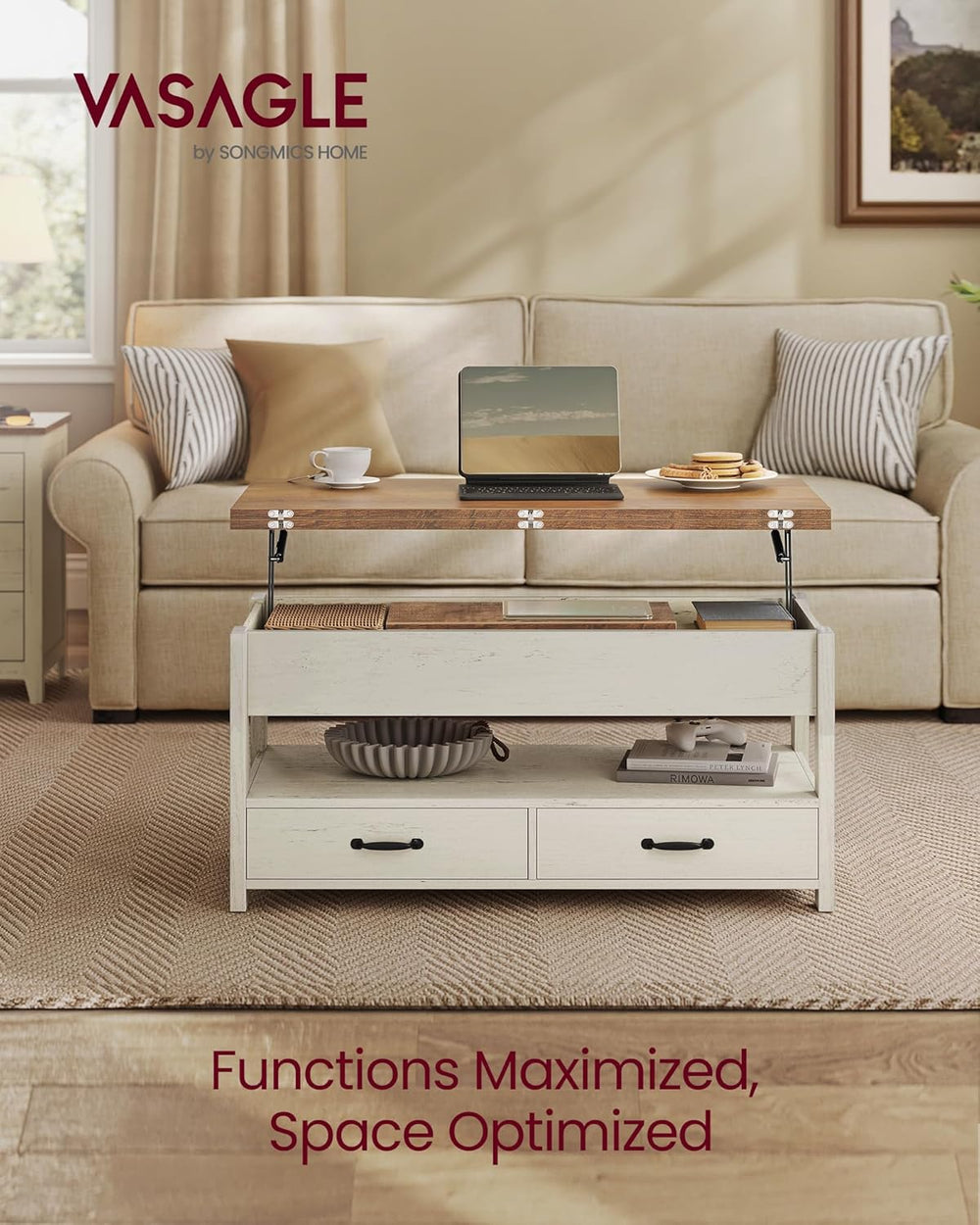 VASAGLE Coffee Table Lift Top, 3 in 1 Center Table with Storage, Gas Spring, ...