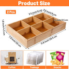 2 Pack Bamboo Tea Bag Organizers, Wooden Tea Storage Holder with 6 Roomy Compartments, Sturdy Teas Chest Boxes for Countertops Desk Drawer Shelf Coffee Station Sugar Packet Small Packets