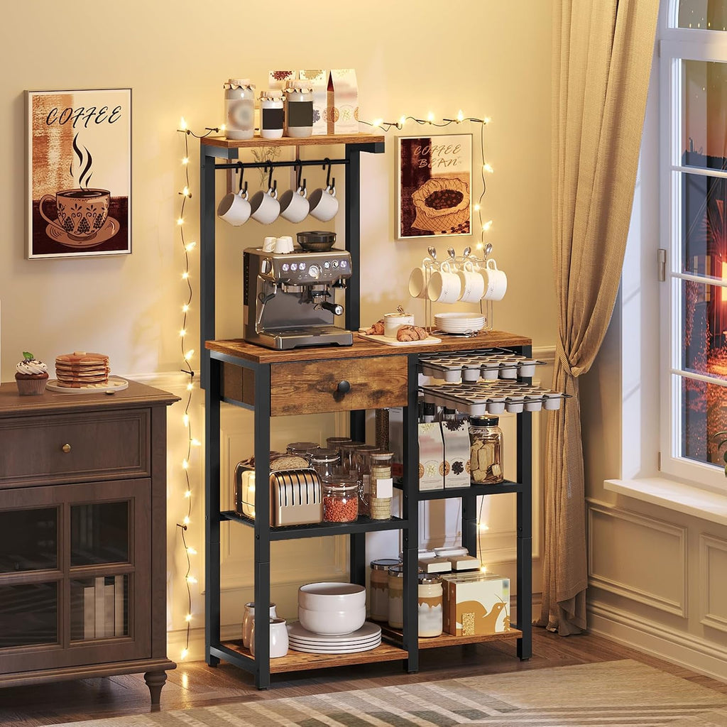 YATINEY Bakers Rack with Storage, 5-Tier Coffee Bar Station with Drawer, Kitchen Coffee Stand with Pod Drawer Holder, for Living Room, Home Cafe, Kitchen, Rustic Brown KF60BRY1