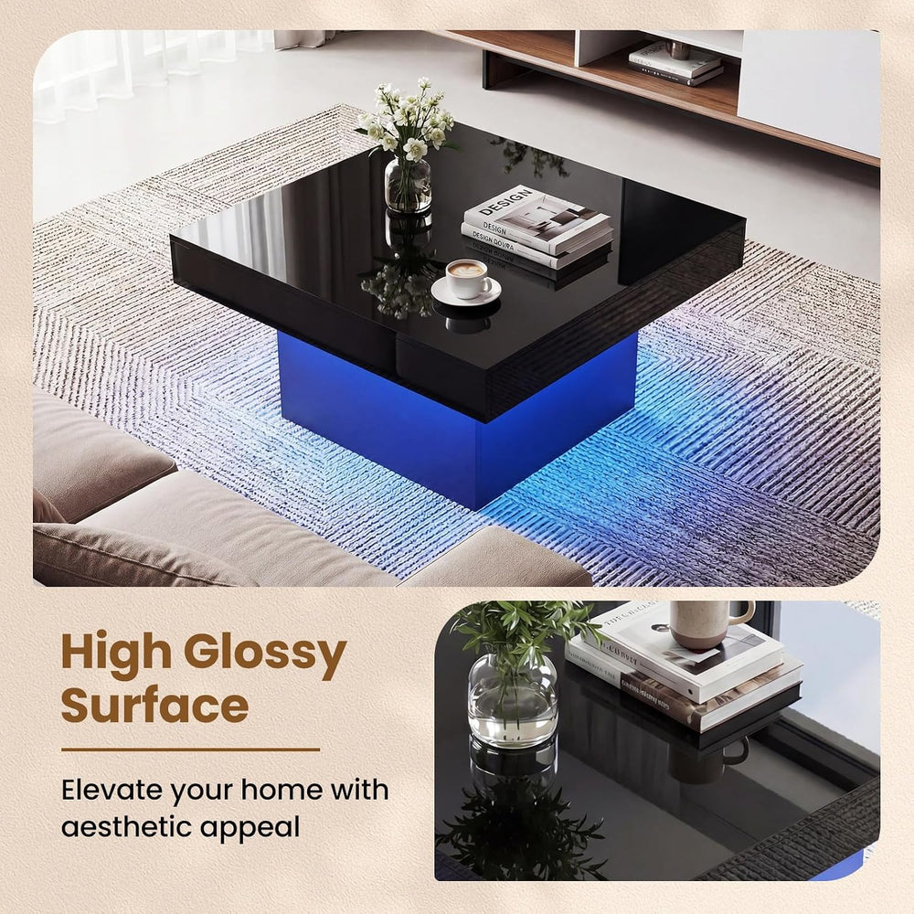 GOFLAME LED Coffee Table for Living Room, Square, Modern High Glossy, Black