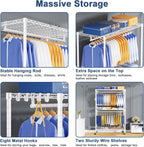 P8 Heavy Duty Clothes Rack（With Extended Width Design） Rolling Clothing Racks for Hanging Clothes，Portable Garment Rack with Lockable Wheels，51.2" W x 15.8" D x 80.5" H，Max Load 700LBS，White