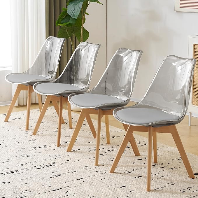 Clear Dining Chairs Set of 4, Modern Acrylic Dining Chair Transparent Chairs with PU Leather Cushions Seat & Wood Legs, Side Chairs for Dining Room Kitchen Restaurant Balcony (Grey)