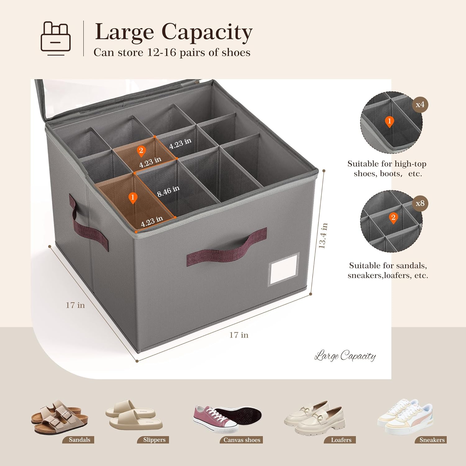 Criusia Shoe Organizer for Closet, 2 Pack Shoe Organizer with Transparent Cover and Sturdy Handles, Closet Shoe Storage for Sneakers Sandals Slippers, Fit 12-16 Pairs, Gray