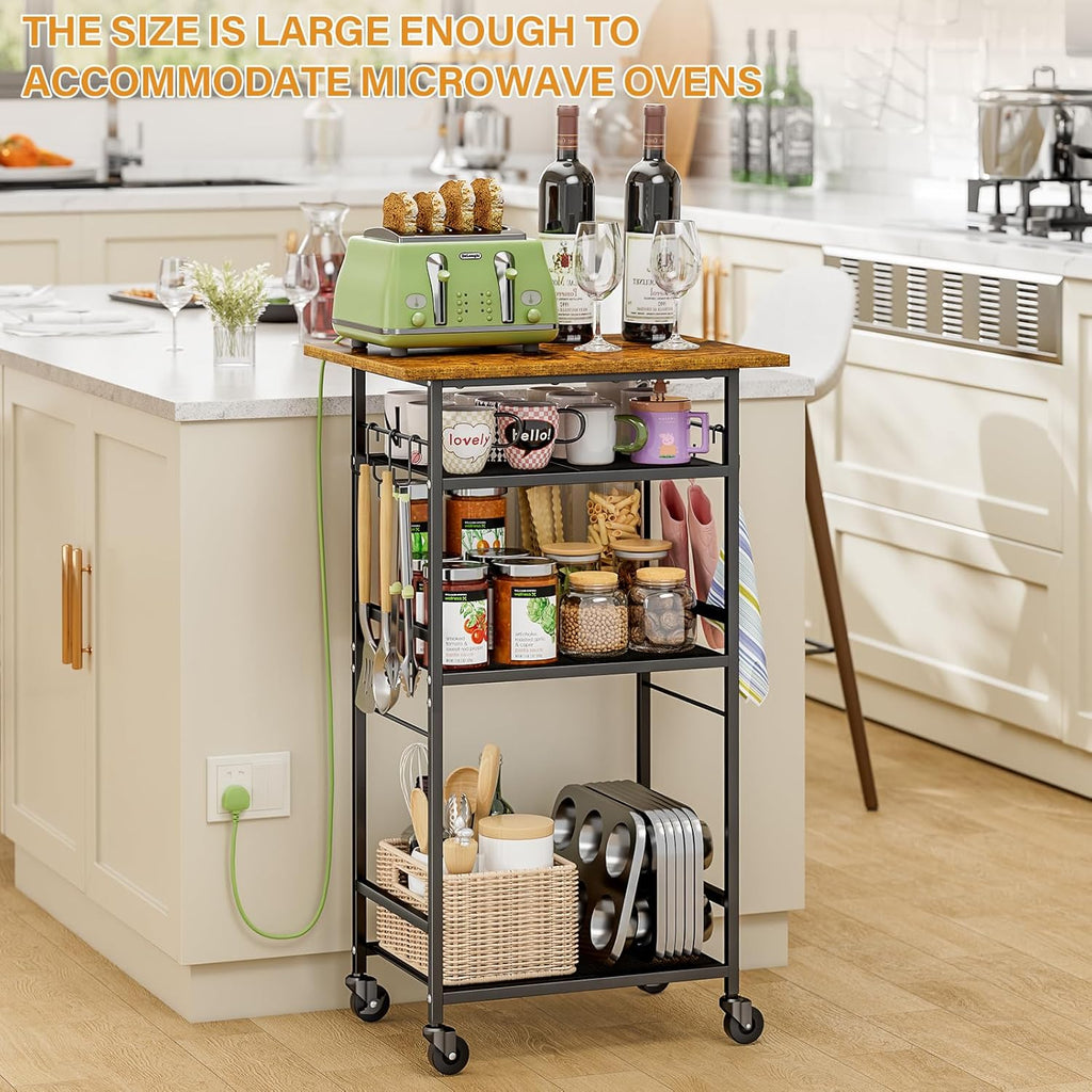 Rolling Kitchen Microwave Cart, 4 Tier Microwave Table Stand with Storage, Kitchen Storage Rack on Wheels, Coffee Station Cart Rack Shelf Organizer for Living Room Office, Balcony