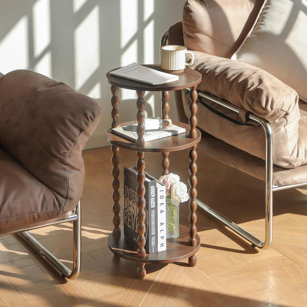 AWASEN Small Round End Table, Round Side Table with 3-Tier Open Shelf for Sma...
