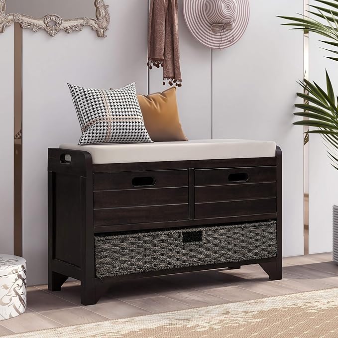 Merax Farmhouse Wood Shoe Bench with Storage and Seat Cushion for Entryway Hallway Front Door Espresso