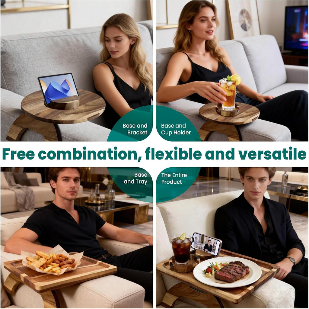 360° Detachable Rotating Acacia Wood Sofa Arm Tray Table, Serving Tray Clip On Couch Armrest Table with Cup Holder & Phone Stand, TV Dinner Tray for Eating on Sofa, TV Trays Fits for Small Spaces