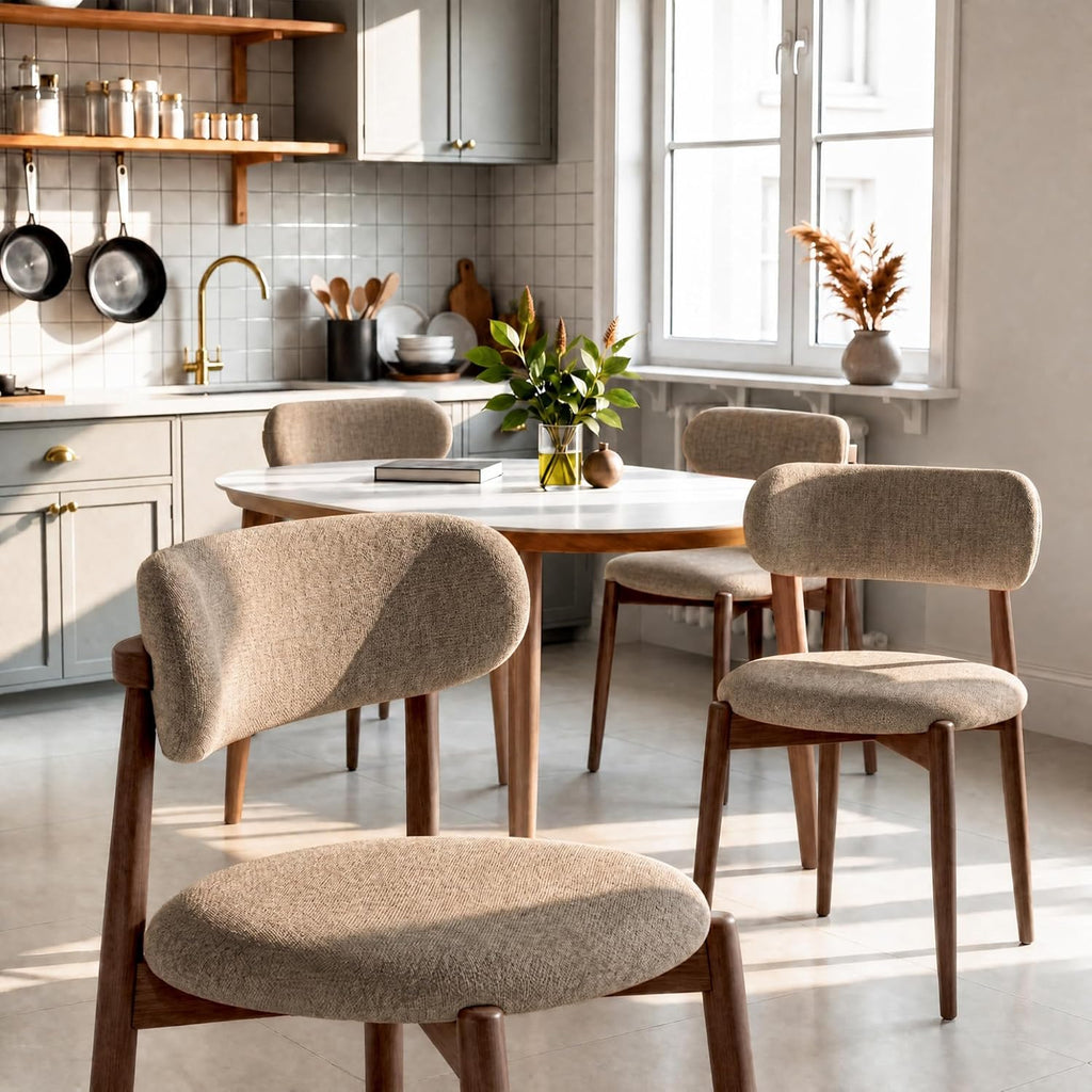 Wooden Dining Chairs Set of 4, Mid Century Modern Upholstered Kitchen Chairs with Solid Wood Legs, 350lb Heavy Duty Padded Side Chairs for Dining Room & Vanity, Camel