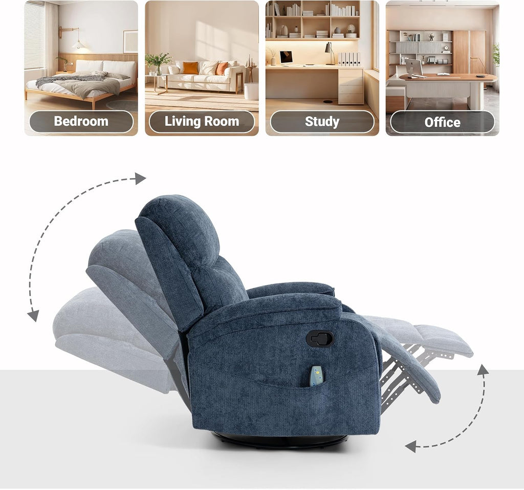 360° Swivel Rocking Recliner Chair, Massage Lazy Recliner, Small Spaces Recliner for Living Room, Bedroom and Nursery, Navy Blue Chenille