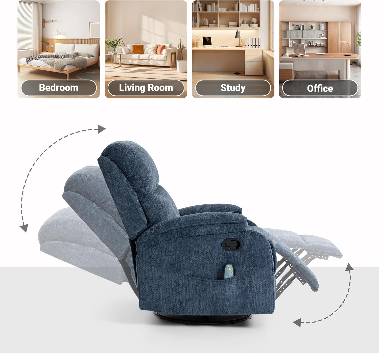 360° Swivel Rocking Recliner Chair, Massage Lazy Recliner, Small Spaces Recliner for Living Room, Bedroom and Nursery, Navy Blue Chenille